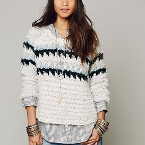 Free People Fair Isle Sweater| White with Navy And Sky Blue Details| XS